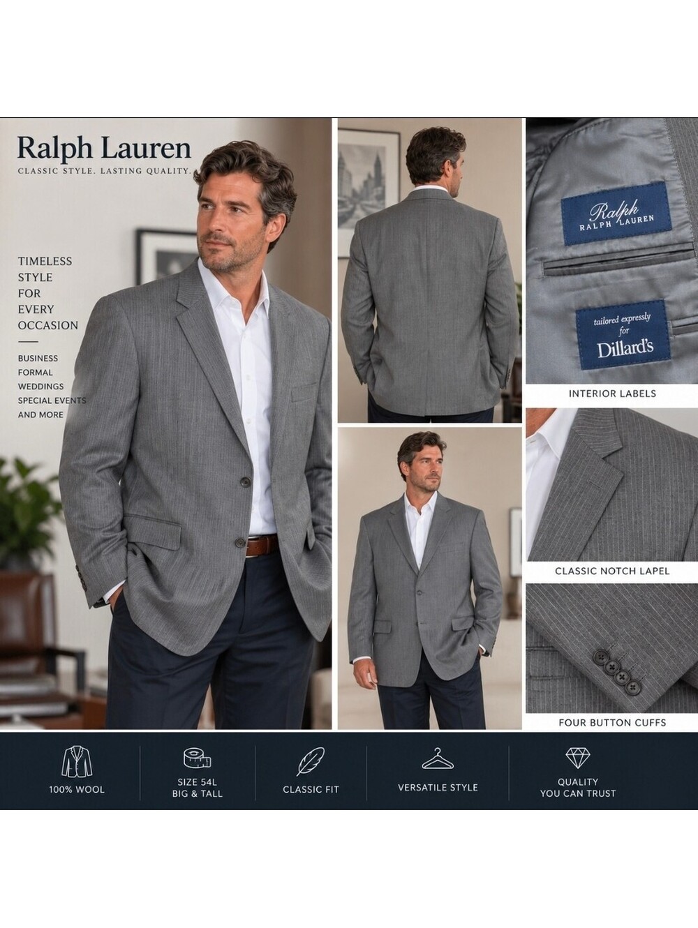 Ralph Lauren Men’s 54L Gray Pinstripe 100% Wool Blazer Sport Coat 2 Button